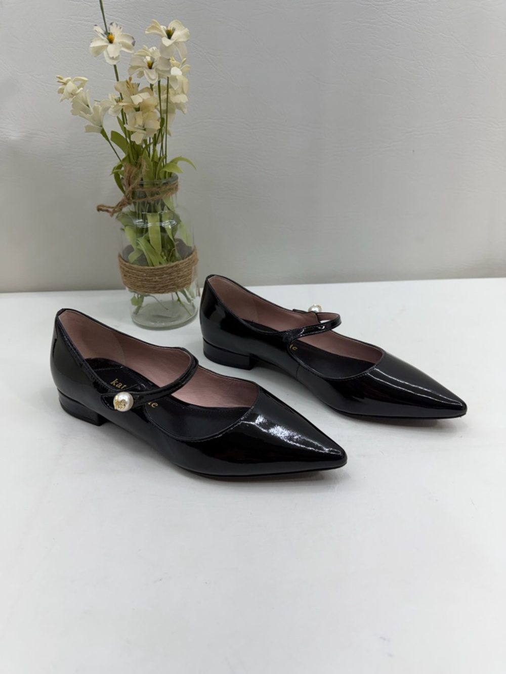kate spade Black Patent Leather Pointed Mary Jane Flats with Pearl Accent
